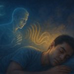 Eine gespenstische blaue Gestalt beugt sich über einen schlafenden Mann, wobei orangefarbene, leuchtende Schallwellen oder Energie von der Gestalt zum Kopf des Schlafenden fließen. Im Hintergrund ist eine Mondsichel zu sehen.