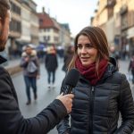 Eine Frau wird auf einer belebten Straße von einem Reporter mit Mikrofon interviewt.