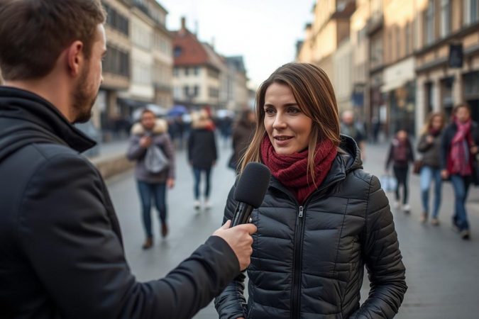 Eine Frau wird auf einer belebten Straße von einem Reporter mit Mikrofon interviewt.