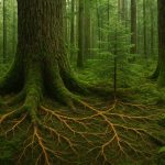 Ein moosbedeckter Wald mit einem alten Baum im Vordergrund, dessen weit ausladende Wurzeln sichtbar über den Waldboden verlaufen. Daneben steht ein kleiner junger Baum; im Hintergrund erstreckt sich ein dichter, grüner Nadelwald.