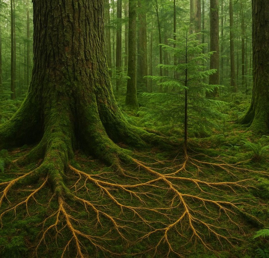 Ein moosbedeckter Wald mit einem alten Baum im Vordergrund, dessen weit ausladende Wurzeln sichtbar über den Waldboden verlaufen. Daneben steht ein kleiner junger Baum; im Hintergrund erstreckt sich ein dichter, grüner Nadelwald.