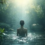 Eine Person sitzt mit dem Rücken zur Kamera in einem ruhigen Waldgewässer, während digitale, strahlenförmige Linien aus ihrem Kopf zu leuchten scheinen.