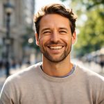 Ein junger Mann mit braunen Haaren und Bart lächelt freundlich in die Kamera, während er im Freien auf einer sonnigen Straße steht.
