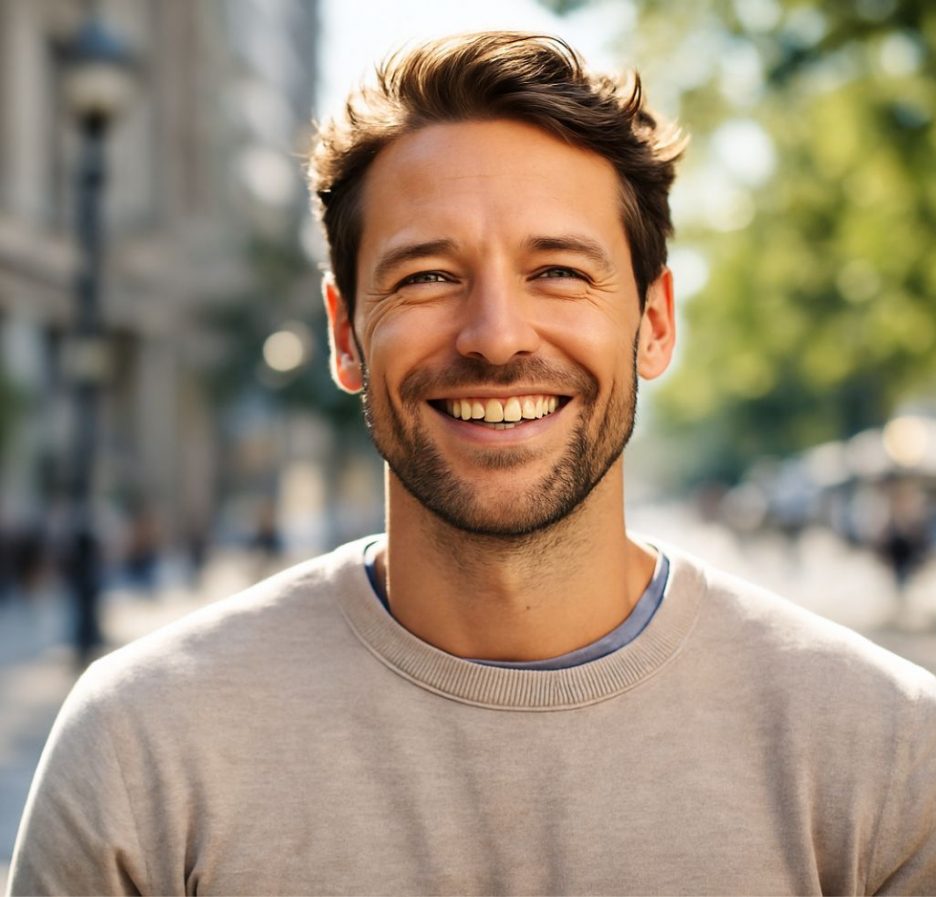 Ein junger Mann mit braunen Haaren und Bart lächelt freundlich in die Kamera, während er im Freien auf einer sonnigen Straße steht.