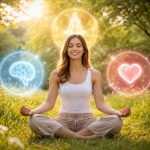 Meditierende Frau sitzt im Schneidersitz auf einer sonnigen Wiese, umgeben von Natur, mit ruhigem Gesichtsausdruck und harmonischer Lichtstimmung.