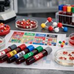 Laboraufbau mit Blutproben, Petrischalen und molekularen Modellen, der die Vielfalt menschlicher Blutgruppen und Antigene veranschaulicht.
