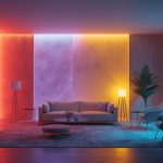 Modernes Wohnzimmer mit atmosphärischer, farbenfroher LED-Beleuchtung in Rot, Lila, Gelb und Blau, die an den Wänden vertikale Farbfelder erzeugt.