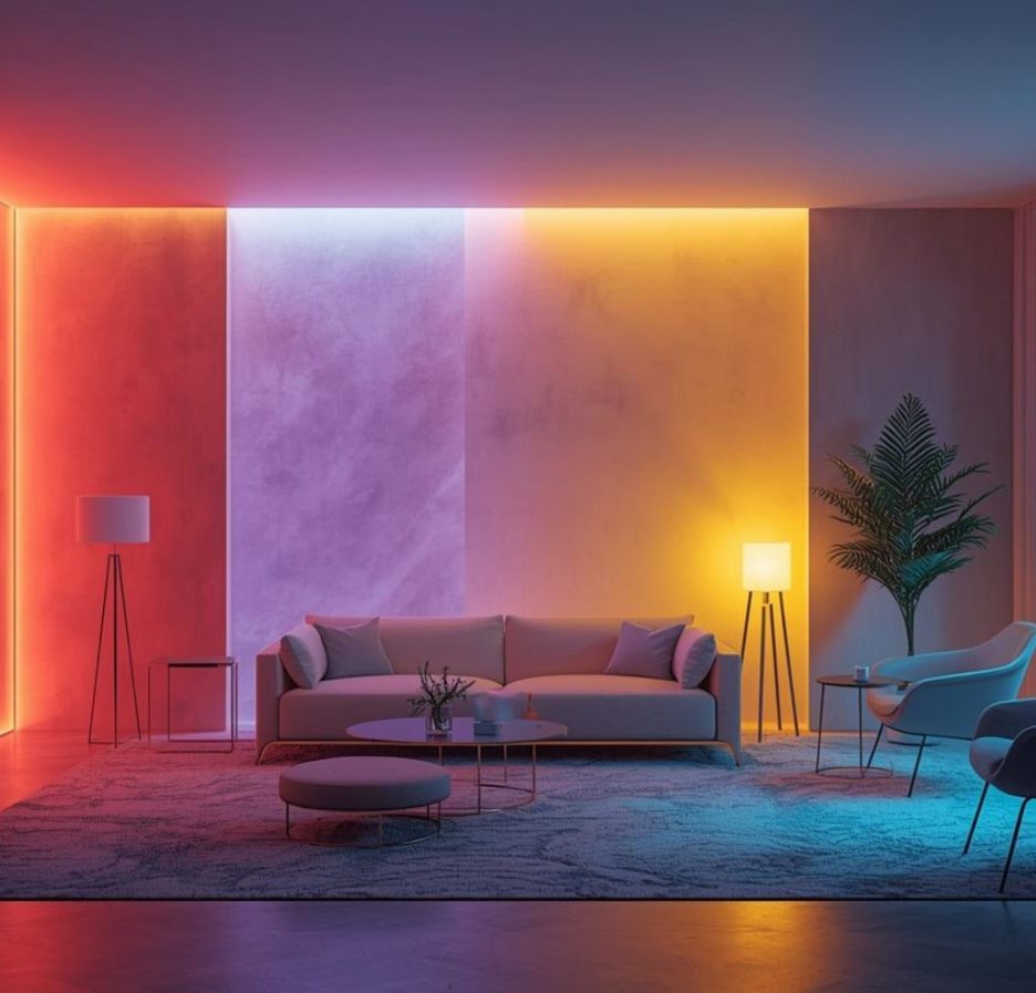Modernes Wohnzimmer mit atmosphärischer, farbenfroher LED-Beleuchtung in Rot, Lila, Gelb und Blau, die an den Wänden vertikale Farbfelder erzeugt.