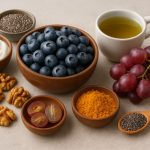 Eine Auswahl gesunder Lebensmittel, darunter Blaubeeren, rote Trauben, Kurkumapulver, Chiasamen und eine Tasse grüner Tee, arrangiert auf einer hellen Oberfläche.