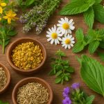Verschiedene frische Heilpflanzen und getrocknete Kräuter liegen geordnet auf einer Holzoberfläche, darunter Kamille, Minze, Thymian, Johanniskraut und mehrere Kräutersamen in kleinen Holzschalen.