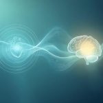 Abstrakte Illustration eines leuchtenden Gehirns und eines stilisierten Herzens, verbunden durch wellenartige Linien auf blaugrünem Hintergrund.