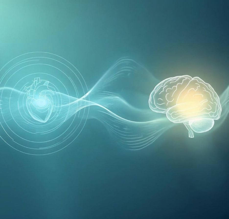 Abstrakte Illustration eines leuchtenden Gehirns und eines stilisierten Herzens, verbunden durch wellenartige Linien auf blaugrünem Hintergrund.