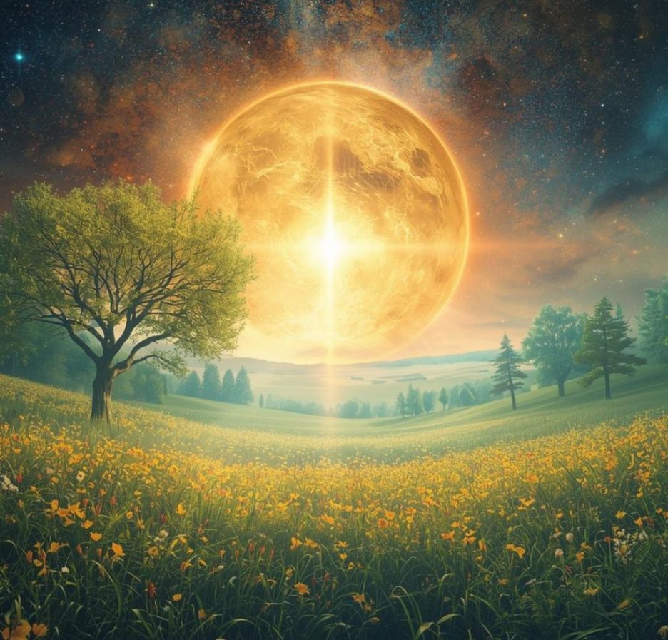 Leuchtende goldene Sonne schwebt über einer blühenden Wiesenlandschaft mit Bäumen unter einem sternenklaren Himmel.