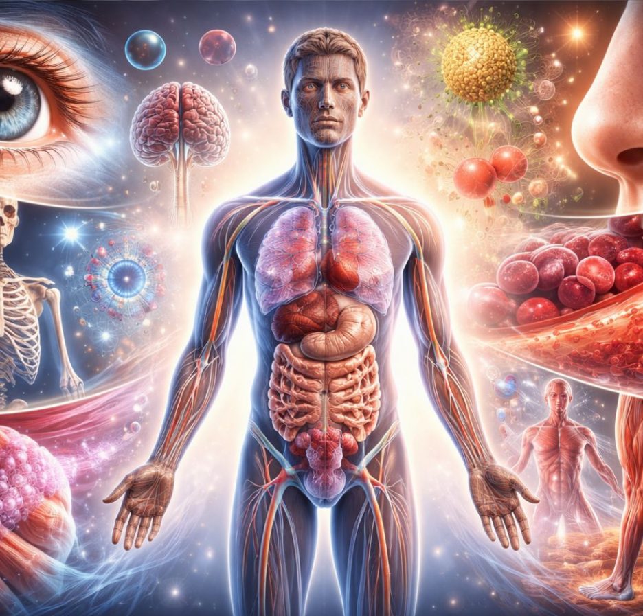 Illustration des menschlichen Körpers im Querformat mit transparent dargestellten Organen wie Gehirn, Herz, Lunge und Muskeln, ergänzt durch Detailansichten von Auge, Blutkreislauf, Skelett und Sinnesorganen.