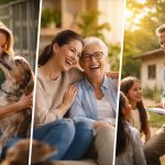 Dreiteiliges Querformatfoto mit warmem Licht: links eine Frau, die liebevoll einen Hund im Tierheim hält, in der Mitte zwei Frauen, die eng nebeneinander sitzen und lachen, rechts ein Mann, der Kindern im Freien aus einem Buch vorliest.