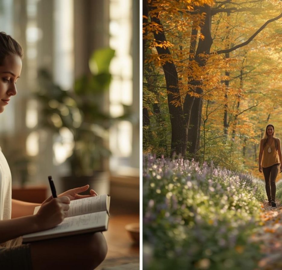 Eine Frau schreibt in ein Notizbuch in einem hellen Raum; daneben geht eine Frau auf einem schmalen Weg durch einen herbstlichen Wald.