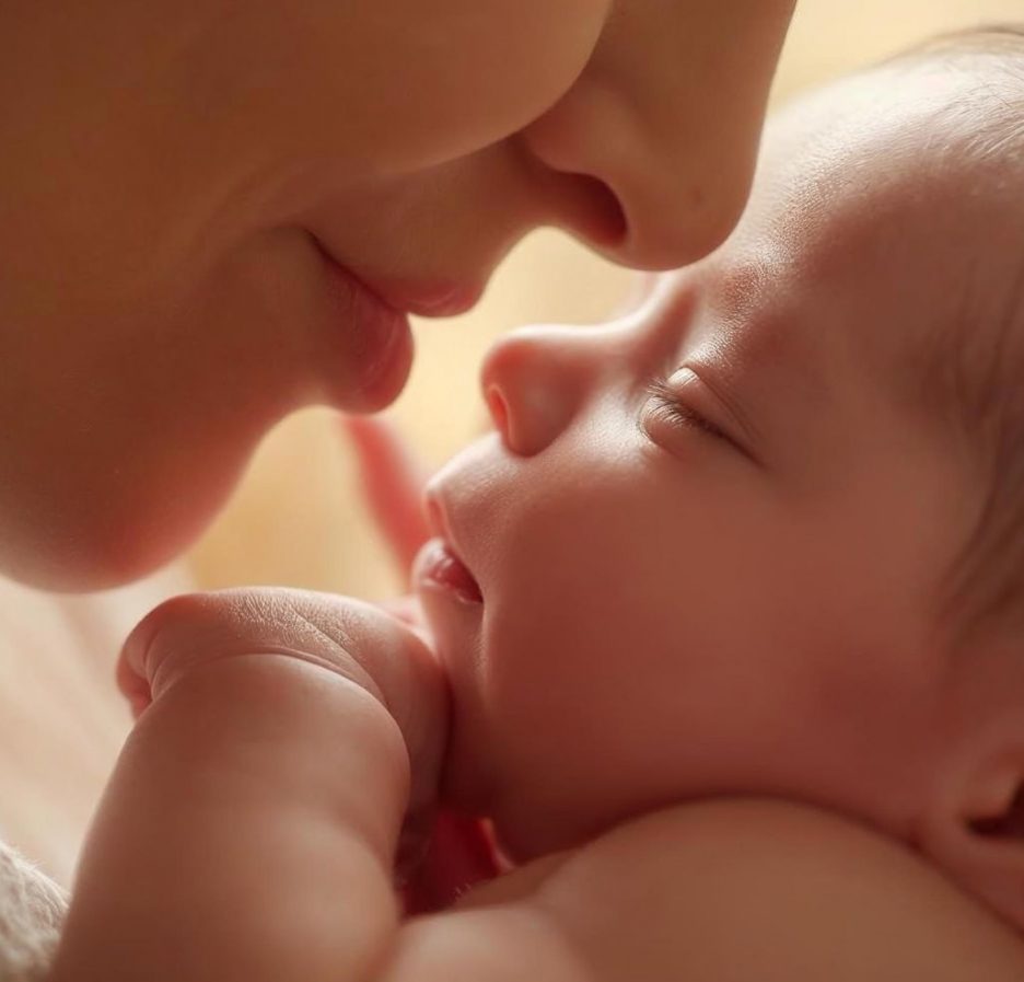 Mutter gibt ihrem schlafenden Neugeborenen einen zärtlichen Kuss auf die Nase.