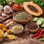 Stillleben verschiedener natürlicher Lebensmittel und Gewürze wie Knoblauch, Papaya mit Kernen, Kürbiskerne, Ingwer, Kurkuma, Nelken, Gurken, Cayennepfeffer und Schwarznüsse auf einem rustikalen Holztisch.