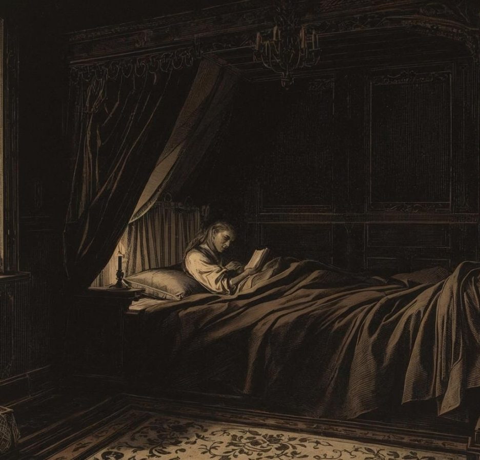 Eine Person liegt nachts in einem großen, dunklen Himmelbett und liest bei Kerzenlicht in einem Buch.