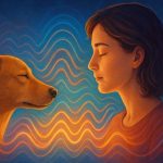 Eine Frau und ein Hund stehen einander mit geschlossenen Augen gegenüber, umgeben von farbigen, wellenförmigen Energielinien, die ihre Verbindung symbolisieren.