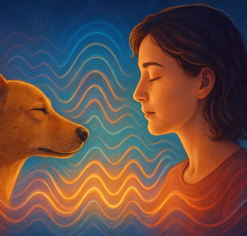Eine Frau und ein Hund stehen einander mit geschlossenen Augen gegenüber, umgeben von farbigen, wellenförmigen Energielinien, die ihre Verbindung symbolisieren.