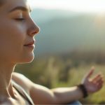 Person sitzt im Freien, mit geschlossenen Augen und entspanntem Gesichtsausdruck, während sie meditativ die Sonne genießt.