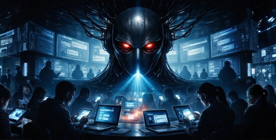 Düstere Zukunftsszene mit einer zentralen künstlichen Intelligenz, die über zahlreiche Menschen wacht, die an Laptops und Bildschirmen arbeiten.