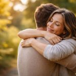 Eine Frau und ein Mann umarmen sich herzlich in einem sonnigen Park, die Frau lächelt mit geschlossenen Augen und wirkt entspannt und geborgen.