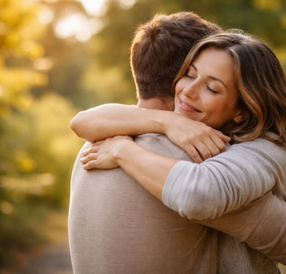 Eine Frau und ein Mann umarmen sich herzlich in einem sonnigen Park, die Frau lächelt mit geschlossenen Augen und wirkt entspannt und geborgen.