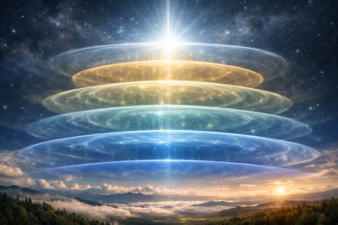 Leuchtende, übereinanderliegende Energieringe steigen vom Horizont einer Landschaft in den Sternenhimmel auf, gekrönt von einem hellen Lichtpunkt im Zentrum des Universums.