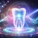 Leuchtender, halbtransparenter Zahn im Zentrum, umgeben von farbigen Schwingungswellen, Lichtpartikeln und energetischen Frequenzen in Blau-, Violett- und Rosatönen, mit Stimmgabel und Ultraschallsonde als Symbole für Klang- und Frequenzheilung.