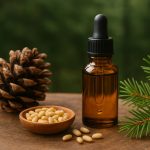 Glasfläschchen mit Zedernöl neben Zedernnüssen, einem Tannenzapfen und einem grünen Nadelzweig auf einer Holzoberfläche, im Hintergrund ein unscharfer Wald.