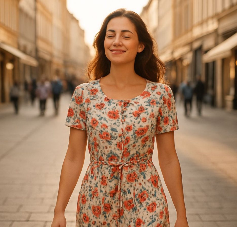 Eine junge Frau in einem geblümten Kleid geht lächelnd und zufrieden durch eine sonnige Fußgängerzone in der Innenstadt.