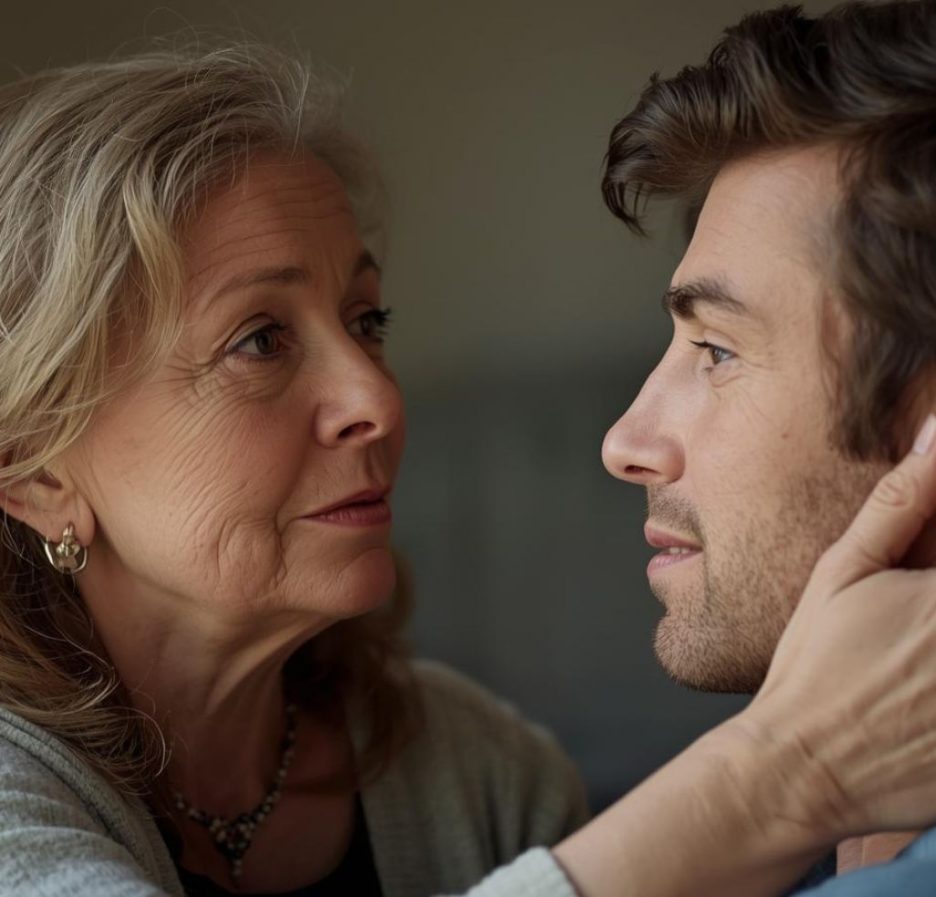 Ältere Frau hält liebevoll das Gesicht ihres Sohnes, während sie ihm in die Augen schaut.