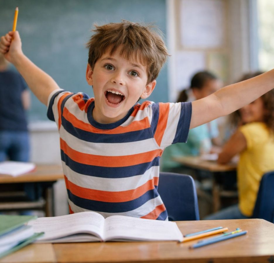 Energiegeladenes Schulkind springt im Klassenzimmer auf, die Arme ausgebreitet, während Hefte und Stifte auf dem Tisch liegen.