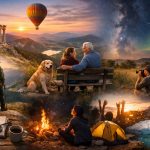 Collage aus Natur- und Abenteuererlebnissen: Wanderer in den Bergen, antike Ruinen, eine Heißluftballonfahrt bei Sonnenaufgang, ein älteres Paar mit Hund auf einer Bank, ein Fotograf in der Natur, ein Lagerfeuer mit Zelt unter Sternenhimmel und Nordlichtern sowie eine Gletscherlandschaft.