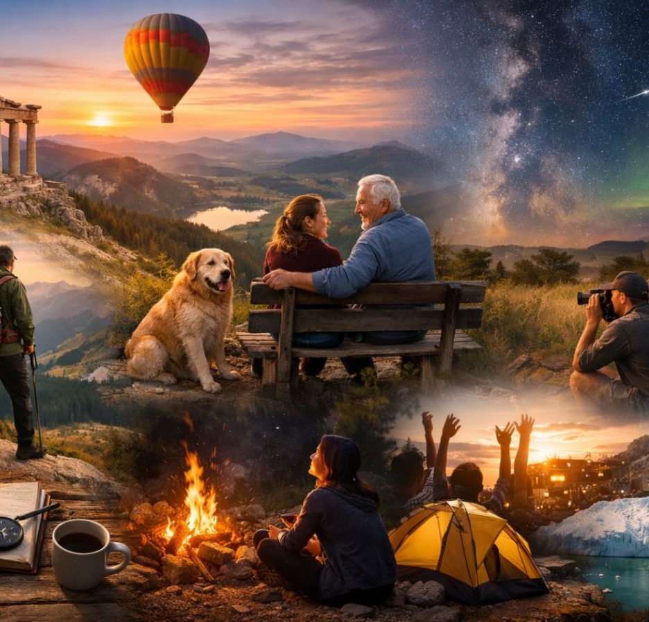 Collage aus Natur- und Abenteuererlebnissen: Wanderer in den Bergen, antike Ruinen, eine Heißluftballonfahrt bei Sonnenaufgang, ein älteres Paar mit Hund auf einer Bank, ein Fotograf in der Natur, ein Lagerfeuer mit Zelt unter Sternenhimmel und Nordlichtern sowie eine Gletscherlandschaft.