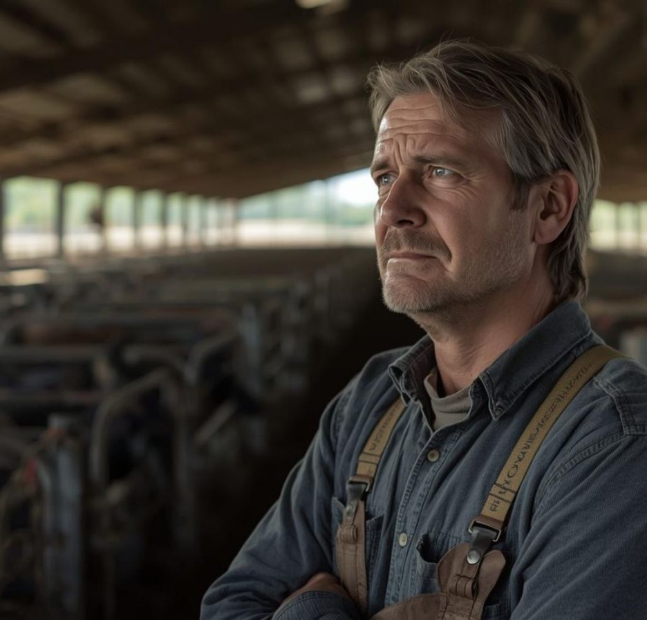 Ein nachdenklicher Landwirt steht mit verschränkten Armen in einem Schweinestall und blickt sorgenvoll zur Seite.
