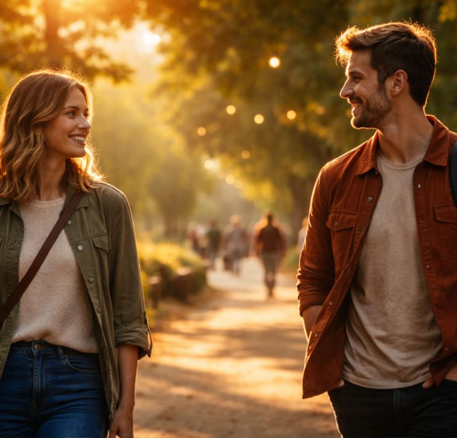 Zwei Menschen begegnen sich auf einem sonnendurchfluteten Parkweg, lächeln einander an und gehen im warmen Licht der goldenen Stunde aneinander vorbei.