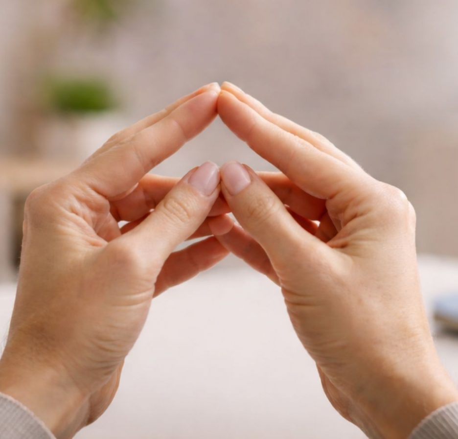 Zwei Hände formen mit den Fingerspitzen ein Dreieck und sind mittig im Bild vor einem weich unscharfen, hellen Arbeitsumfeld zu sehen.