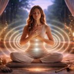 Frau sitzt im Schneidersitz in einem warm beleuchteten Raum und meditiert mit geschlossenen Augen, die Hände auf dem Herzen, umgeben von leuchtenden Energieringen, Kerzen und Klangschalen.