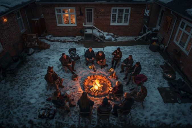 Gruppe von Menschen sitzt im Winter im Kreis um eine Feuerstelle in einem verschneiten Innenhof.