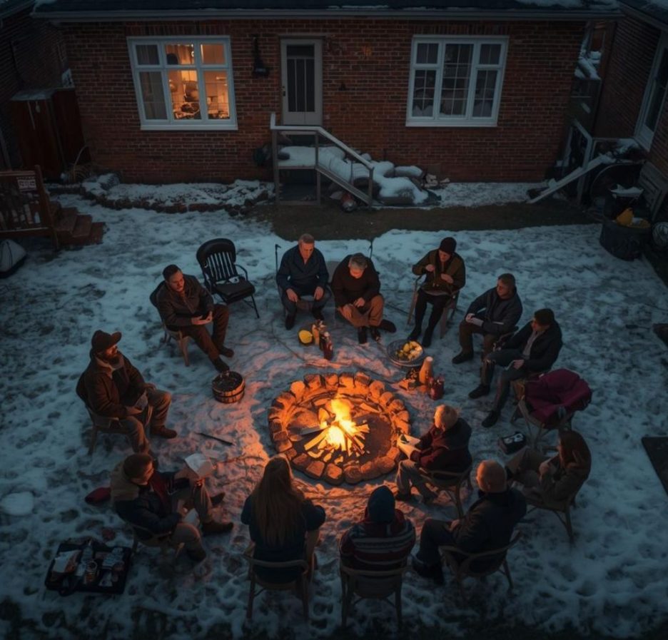 Gruppe von Menschen sitzt im Winter im Kreis um eine Feuerstelle in einem verschneiten Innenhof.