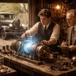 Zwei Männer in einer Werkstatt der 1920er Jahre arbeiten an einem leuchtenden, zylindrischen Generator auf einer Werkbank; im Hintergrund steht ein frühes Automobil, umgeben von Messgeräten und Laborutensilien.