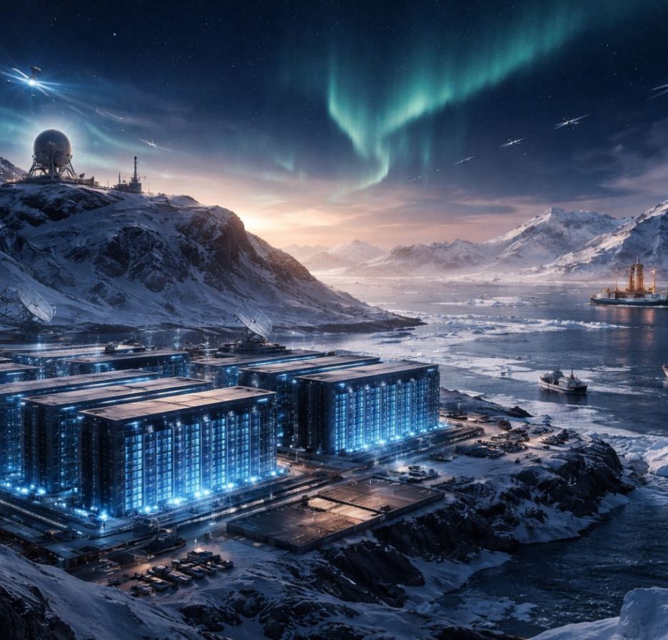 Futuristische Rechenzentren leuchten in der eisigen Landschaft Grönlands bei Dämmerung, umgeben von schneebedeckten Bergen, arktischem Meer, Schiffen, Satelliten und Polarlichtern.