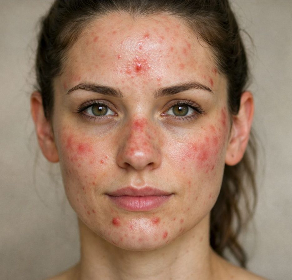 Nahaufnahme eines jungen Gesichts mit sichtbaren Hautunreinheiten, einschließlich Pickeln und Rötungen. Die Haut zeigt Veränderungen an Stirn, Nase und Kinn. Der Blick der Person ist direkt auf die Kamera gerichtet, mit einem sanften, neutralen Hintergrund.