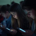 Mehrere Jugendliche sitzen nebeneinander in einem dunklen Raum und schauen konzentriert auf ihre Smartphones, deren Bildschirme ihr Gesicht beleuchten.