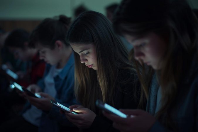 Mehrere Jugendliche sitzen nebeneinander in einem dunklen Raum und schauen konzentriert auf ihre Smartphones, deren Bildschirme ihr Gesicht beleuchten.