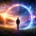 Ein junger Erwachsener steht an der Grenze zwischen einer sonnendurchfluteten Naturlandschaft und einer leuchtenden digitalen Stadt, verbunden durch ein glühendes, halbkreisförmiges Portal, das reale und virtuelle Wirklichkeit ineinander übergehen lässt.