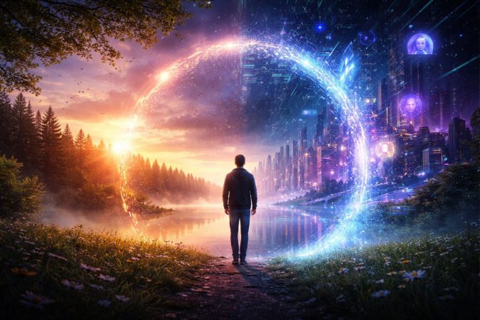 Ein junger Erwachsener steht an der Grenze zwischen einer sonnendurchfluteten Naturlandschaft und einer leuchtenden digitalen Stadt, verbunden durch ein glühendes, halbkreisförmiges Portal, das reale und virtuelle Wirklichkeit ineinander übergehen lässt.